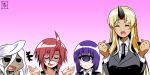  4girls :d ahoge black_sclera blonde_hair closed_eyes cyclops dark_skin doppel_(monster_musume) doppelganger formal horn long_hair manako monster_musume_no_iru_nichijou multiple_girls necktie nude one-eyed oni open_mouth purple_hair redhead s-now signature smile stitches suit sweatdrop tionishia violet_eyes zombie zombina 