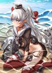  1girl amatsukaze_(kantai_collection) blush brown_eyes hairband kantai_collection long_hair partially_submerged rensouhou-kun sailor_dress silver_hair solo torn_clothes tsuuhan two_side_up water 