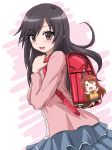  1girl :d backpack bag bag_charm black_hair blush brown_eyes character_doll hayashiya_zankurou ichijou_hotaru koshigaya_komari long_hair long_sleeves looking_at_viewer non_non_biyori open_mouth pixelated randoseru skirt smile solo 