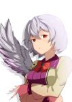  1girl dress highres kishin_sagume long_sleeves looking_at_viewer purple_dress red_eyes shiver_(siva-hl) short_hair silver_hair simple_background single_wing solo touhou upper_body v vest white_background wings 