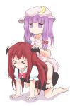  &gt;_&lt; 2girls all_fours barefoot bat_wings chibi closed_eyes crescent_hair_ornament flying_sweatdrops hair_ornament hat head_wings highres koakuma long_hair mickeysmith multiple_girls no_mouth no_nose patchouli_knowledge purple_hair redhead sitting sitting_on_person solid_circle_eyes sweatdrop touhou trembling violet_eyes wings 