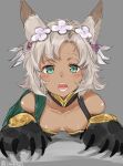  1girl :o bare_shoulders blush breasts cat_paws claws cleavage dark_skin downblouse flower granblue_fantasy green_eyes grey_background hair_flower hair_ornament hairband isshiki_(ffmania7) looking_at_viewer melleau open_mouth paws short_hair silver_hair small_breasts solo tareme teeth twitter_username 