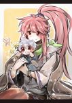  1boy 1girl absurdres arche_klein blue_hair butterfly carrying child falken_barklight flower highres long_hair mother_and_son pink_hair ponytail red_eyes tales_of_(series) tales_of_phantasia tubakurou violet_eyes 