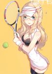  1girl bad_id ball bare_arms blonde_hair blue_eyes breasts cleavage cleavage_cutout glasses hadean92 hat highres long_hair open_mouth original racket solo tennis_ball tennis_racket thigh-highs wristband 