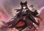  1girl bare_shoulders black_bow black_hair bow breasts choker claws glowing glowing_eyes gothic_lolita hair_bow kantai_collection kirigaku_luo large_breasts lolita_fashion long_hair looking_at_viewer pink_background red_eyes seaplane_tender_hime serious shinkaisei-kan solo very_long_hair 
