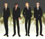  4boys absurdres artist_request axis_powers_hetalia blonde_hair brown_hair formal france_(hetalia) grey_hair hand_in_pocket highres looking_at_viewer male_focus multiple_boys necktie prussia_(hetalia) quartet shirt short_hair smile spain_(hetalia) standing suit united_kingdom_(hetalia) 