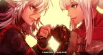  2girls bangs blue_eyes blunt_bangs braid breasts cleavage dark_skin dungeon_and_fighter earrings fingerless_gloves gloves grin hanaboo highres jewelry multiple_girls pinky_swear pointy_ears side_ponytail smile teeth thief_(dungeon_and_fighter) white_hair 