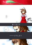  1girl animal_ears bow brown_hair cat_ears cat_tail cat_teaser chen comic dress ear_piercing face jewelry juliet_sleeves long_sleeves multiple_tails nekomata no_hat open_mouth piercing puffy_sleeves red_dress red_eyes shirt single_earring solo tail touhou translated ura_(05131) 