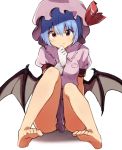  1girl barefoot bat_wings blue_hair convenient_censoring dress fang full_body gloves hat hat_ribbon looking_at_viewer mob_cap natsunagi_takaki puffy_sleeves red_eyes remilia_scarlet ribbon short_hair short_sleeves simple_background sitting smile solo touhou white_background white_gloves wings 