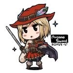  &gt;:o 1girl :o arcana_sword_(granblue_fantasy) belt black_legwear blonde_hair blush_stickers boots brown_boots brown_eyes cape chibi dress es_(eisis) feathers gita_(granblue_fantasy) gloves granblue_fantasy grey_gloves hat hat_feather holding holding_sword holding_weapon open_mouth pantyhose red_dress short_hair simple_background solo sword weapon white_background 