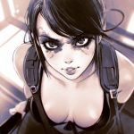  1girl bangs black_eyes black_hair breasts chromatic_aberration cleavage facepaint from_above front-tie_top ilya_kuvshinov lips looking_at_viewer metal_gear_(series) metal_gear_solid_v monochrome parted_bangs parted_lips quiet_(metal_gear) solo suspenders swimsuit 