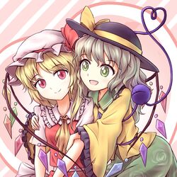  2girls ascot blonde_hair crystal eyeball flandre_scarlet green_eyes green_hair hat hat_ribbon heart heart_of_string hug hug_from_behind komeiji_koishi long_hair long_sleeves looking_at_another looking_at_viewer minust mob_cap multiple_girls open_mouth red_eyes ribbon shirt short_hair short_sleeves side_ponytail skirt skirt_set slit_pupils smile string third_eye touhou vest wide_sleeves wings 