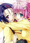  2girls absurdres ahoge blue_hair green_eyes hair_ornament hairpin highres hug lala_satalin_deviluke long_hair multiple_girls one_eye_closed pink_hair sairenji_haruna short_hair to_love-ru yabuki_kentarou 