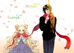  1boy 1girl black_hair blonde_hair clover clover_(flower) collaboration copyright_name double_bun dress hanamoto_hagumi hand_in_pocket honey honey_and_clover howoona licking_lips long_hair long_sleeves looking_at_another looking_to_the_side morita_shinobu pants rwael scarf shared_scarf short_hair tongue tongue_out violet_eyes wavy_hair 