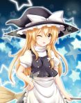  1girl blonde_hair blush bow broom hand_on_hip hat hat_bow kirisame_marisa one_eye_closed open_mouth reimei_(r758120518) solo star touhou witch_hat yellow_eyes 