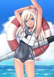  1girl arms_up blonde_hair blue_eyes crop_top flower hair_flower hair_ornament kantai_collection kelinch1 lifebuoy long_hair one-piece_tan ro-500_(kantai_collection) sailor_collar school_swimsuit solo swimsuit swimsuit_under_clothes tan tanline torpedo 