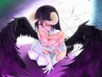  1girl albedo bare_shoulders black_hair black_wings breast_hold breasts cleavage demon_girl detached_collar dress from_above gloves hip_vent horns large_breasts long_hair looking_at_viewer magekichi overlord_(maruyama) smile solo very_long_hair white_dress white_gloves wings yellow_eyes 