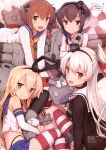  4girls :3 :d absurdres amatsukaze_(kantai_collection) anchor_hair_ornament black_hair black_panties blonde_hair bow brown_eyes brown_hair choker elbow_gloves fang gloves grin hair_bow hair_ornament hair_ribbon hairband hat highres kantai_collection long_hair lying mini_hat miniskirt multiple_girls object_hug official_art on_side open_mouth panties pleated_skirt rensouhou-chan rensouhou-kun ribbon sailor_dress scan shimakaze_(kantai_collection) shizuma_yoshinori short_hair short_hair_with_long_locks silver_hair skirt smile string_panties striped striped_legwear thigh-highs tokitsukaze_(kantai_collection) underwear violet_eyes white_gloves yukikaze_(kantai_collection) 