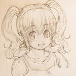  1girl blush earrings graphite_(medium) jewelry looking_at_viewer monochrome nitroplus open_mouth short_hair smile solo super_pochaco traditional_media tsuji_santa twintails 