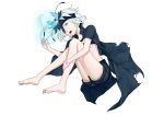  1girl agenoumi barefoot blue_eyes cape crying crying_with_eyes_open eyepatch flamie_speeddraw flower hair_flower hair_ornament hairband highres looking_at_viewer midriff rokka_no_yuusha short_hair shorts simple_background solo tears white_background white_hair 