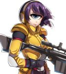  1girl blue_eyes cyclops ear_protection fingerless_gloves gloves gun highres looking_at_viewer manako mizukami_ryouma monster_musume_no_iru_nichijou one-eyed purple_hair rifle simple_background sniper_rifle solo uniform upper_body weapon white_background 