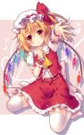  1girl ascot blonde_hair blush bow flandre_scarlet hat hat_bow heart mob_cap outstretched_arm outstretched_hand puffy_short_sleeves puffy_sleeves red_eyes riichu sash shirt short_sleeves side_ponytail sitting skirt skirt_set solo thigh-highs touhou vest wariza white_legwear wings wrist_cuffs zettai_ryouiki 