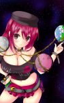  1girl belt blush breasts chain choker cleavage clothes_writing contrapposto earth_(ornament) hand_on_hip hat hecatia_lapislazuli highres index_finger_raised large_breasts light_smile looking_at_viewer microskirt midriff mizuki_(satukisen) moon_(ornament) navel red_eyes redhead short_hair skirt solo star starry_background t-shirt touhou wristband 
