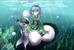  1girl blue_eyes dress drill_hair green_dress head_fins highres japanese_clothes mermaid monster_girl pearl solo stormplush touhou wakasagihime water wide_sleeves 