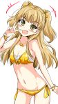  1girl :d bikini blonde_hair breasts cleavage fang green_eyes highres idolmaster idolmaster_cinderella_girls jewelry jougasaki_rika looking_at_viewer natsu_(anta_tte_hitoha) navel necklace open_mouth simple_background small_breasts smile solo swimsuit twintails w white_background yellow_bikini 