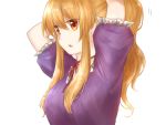  1girl blonde_hair breasts choker dress hair_up hands_in_hair koto_(shiberia39) looking_to_the_side open_mouth orange_eyes puffy_short_sleeves puffy_sleeves purple_dress ribbon_choker short_sleeves simple_background solo touhou upper_body white_background yakumo_yukari 