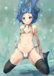  1girl air_bubble armadillo-tokage bikini blue_hair breath bubble highres holding_breath kantai_collection long_hair samidare_(kantai_collection) small_breasts solo striped striped_bikini striped_swimsuit submerged swimsuit thigh-highs underwater 