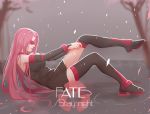  1girl black_dress black_legwear blindfold boots cherry_blossoms collar dress facial_mark fate/stay_night fate_(series) forehead_mark highres long_hair mizu_(dl7613) purple_hair rider sitting_on_water solo thigh-highs thighhighs_pull water 