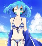 1girl ;) akebisousaku beach bikini blue_hair blush clouds ene_(kagerou_project) facial_mark front-tie_bikini front-tie_top groin kagerou_project navel one_eye_closed sand short_hair short_twintails small_breasts smile solo striped striped_bikini striped_swimsuit swimsuit twintails water 