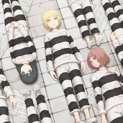  6+girls black_hair blonde_hair blue_eyes brown_eyes brown_hair long_hair looking_at_viewer lying multiple_girls on_back original parted_lips prison_clothes short_hair staff_(music) yajirushi_(chanoma) 