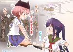  2girls ahenn ebisuzawa_kurumi fingerless_gloves gakkou_gurashi! gloves hair_ornament hairclip hat holding long_hair multiple_girls pillow_hat pink_hair purple_hair school_uniform short_hair shovel sitting smile striped striped_gloves sweatdrop takeya_yuki twintails wariza worktool zombie 