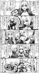  1boy 3girls ahoge berserker_of_red breasts center_opening comic fate/grand_order fate_(series) highres large_breasts long_hair monochrome multiple_girls navel open_mouth ruler_(fate/apocrypha) saber_extra screaming shielder_(fate/grand_order) short_hair smile syatey translation_request 