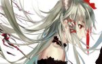  1girl bare_shoulders choker covered_mouth ex-keine expressionless face fancybetty from_side green_hair hair_ribbon kamishirasawa_keine long_hair profile red_eyes red_ribbon ribbon solo touhou tress_ribbon 