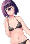  1girl absurdres bikini black_bikini chainmon cyclops dutch_angle highres manako monster_musume_no_iru_nichijou navel one-eyed purple_hair red_eyes ringed_eyes short_hair side-tie_bikini simple_background small_breasts solo swimsuit upper_body white_background 