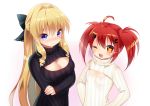  2girls ahoge blonde_hair breasts brown_eyes brown_hair cleavage cleavage_cutout delores_(mvv) hair_ornament hair_ribbon hairclip long_hair multiple_girls mvv one_eye_closed open-chest_sweater original ribbed_sweater ribbon star star-shaped_pupils sweater symbol-shaped_pupils turtleneck twintails violet_eyes vivian_(mvv) 