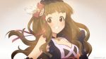  1girl brown_hair elbow_gloves eyebrows gloves idolmaster idolmaster_cinderella_girls kamiya_nao long_hair mizuki_makoto project_krone red_eyes smile solo 