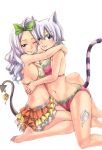  2girls animal_ears bikini blue_eyes breasts cat_ears cat_tail cleavage fairy_tail green_ribbon hair_ribbon highres hug lisanna_strauss looking_at_viewer mashima_hiro mirajane_strauss multiple_girls navel official_art one_eye_closed ribbon sideboob silver_hair smile striped_tail swimsuit tail tattoo transparent_background 