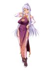 1girl blue_eyes boots breasts china_dress chinese_clothes cleavage cleavage_cutout detached_sleeves dress garter_belt garter_straps highres hikage_eiji koihime_musou kougai large_breasts long_hair official_art ponytail silver_hair smile solo standing thigh-highs transparent_background very_long_hair 