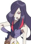  1girl angry azami_(pokemon) black_hair crop_top devanohundosi frontier_brain hair_over_one_eye hand_on_hip long_hair looking_at_viewer midriff multicolored_hair open_mouth pokemon pokemon_(game) pokemon_rse purple_gloves red_eyes redhead solo two-tone_hair white_background 