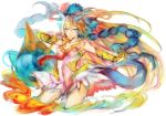  1girl blonde_hair blue_eyes breasts cleavage colorful covered_navel dress headdress kneeling long_hair mi_bait parted_lips puzzle_&amp;_dragons sakuya_(p&amp;d) simple_background solo tail very_long_hair white_background white_dress 
