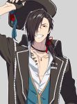  1boy alternate_costume artist_request asymmetrical_bangs bangs black_hair dramatical_murder facial_mark grey_background grin koujaku long_hair male_focus open_mouth palru_s2 red_eyes scar simple_background smile solo tattoo teeth upper_body 