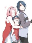  1boy 2girls black_hair closed_eyes facial_mark family father_and_daughter forehead_mark fuji_(c-b-s) glasses group_hug hair_over_one_eye haruno_sakura heart hug hug_from_behind long_hair mother_and_daughter multiple_girls naruto pink_hair red-framed_glasses short_hair smile uchiha_sarada uchiha_sasuke 