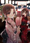  3girls :p ;d ahoge alternate_costume antenna_hair bag blush brown_eyes brown_hair candy_apple cover cover_page double_bun doujin_cover eating fan hair_intakes hair_ribbon half_updo holding holding_food japanese_clothes jintsuu_(kantai_collection) kantai_collection kimono ko_ru_ri lantern lantern_festival long_hair long_sleeves looking_at_viewer multiple_girls naka_(kantai_collection) one_eye_closed open_mouth paper_lantern remodel_(kantai_collection) ribbon sendai_(kantai_collection) shaved_ice short_hair smile stall tongue tongue_out two_side_up yukata 