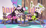  2girls aori_(splatoon) book candy chair chichi_band hat hotaru_(splatoon) lollipop multiple_girls sleeping splatoon star star-shaped_pupils symbol-shaped_pupils table tentacle_hair translated 