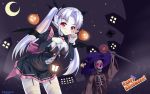  2015 bat_wings bending_forward breasts candy cleavage crescent_moon eden_(sennen_sensou_aigis) garter_straps glowing glowing_eyes halloween hat highres jack-o&#039;-lantern lantern looking_at_viewer maid maid_headdress moon natsumiya_yuzu pale_skin pointing pointing_up pointy_ears red_eyes sennen_sensou_aigis signature skeleton staff thigh-highs twintails vampire wings witch_hat 