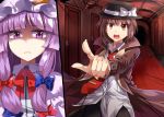  bow bowtie brown_eyes brown_hair capelet confrontation crescent_hair_ornament d:&lt; e.o. fingernails hair_bow hair_ornament hat hat_bow indoors loose_necktie necktie open_mouth patchouli_knowledge pointing purple_hair shaded_face shirt short_hair teeth tie_clip touhou trench_coat untucked_shirt usami_renko violet_eyes white_shirt 